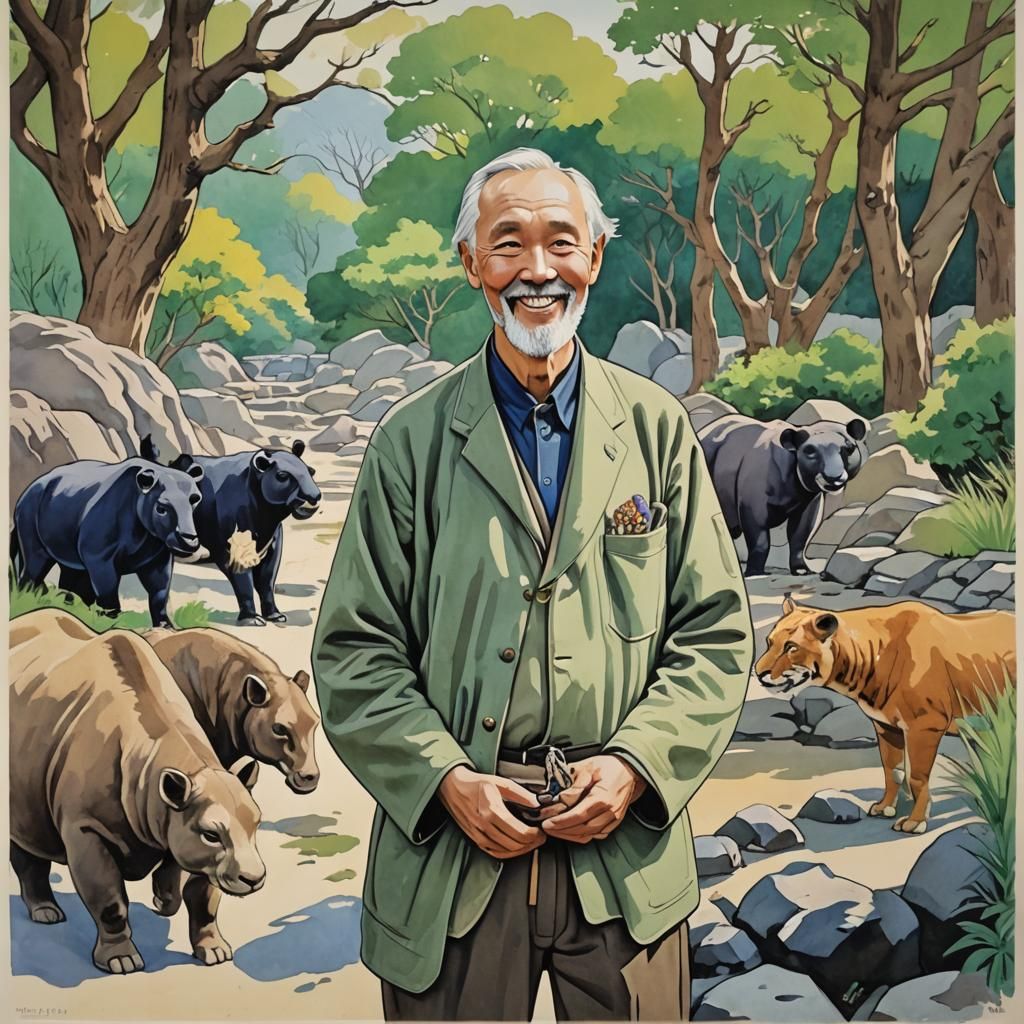 The artist Roerich visits a Zoo in China.
 He looks happy an...