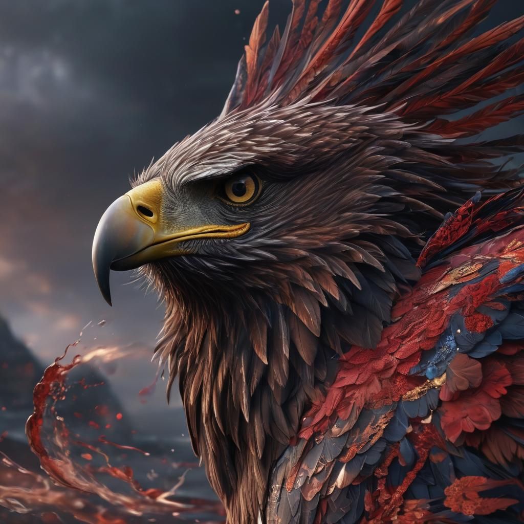 Hyper-Realistic Eagle Portrait with Swirling Blood and Shimm...