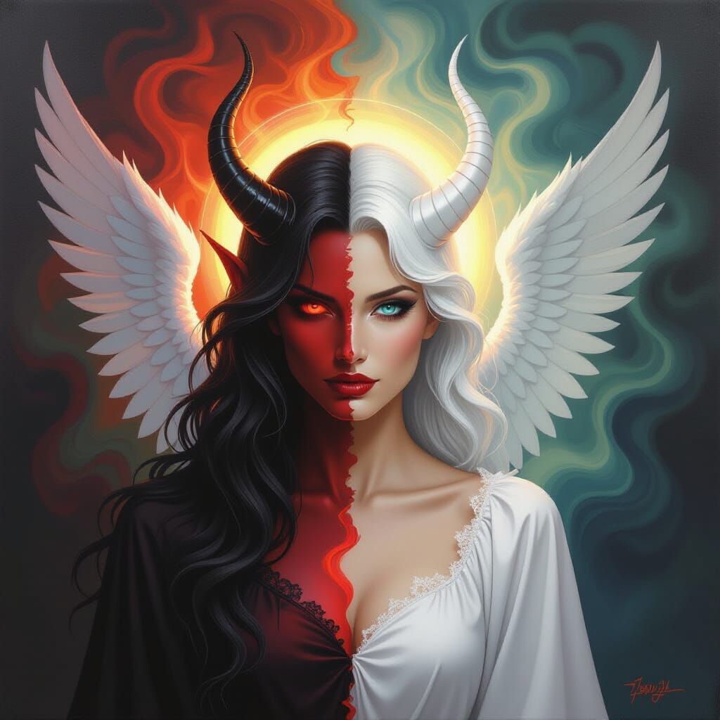 Surreal Duality: Angelic Devil in Oil Painting Style