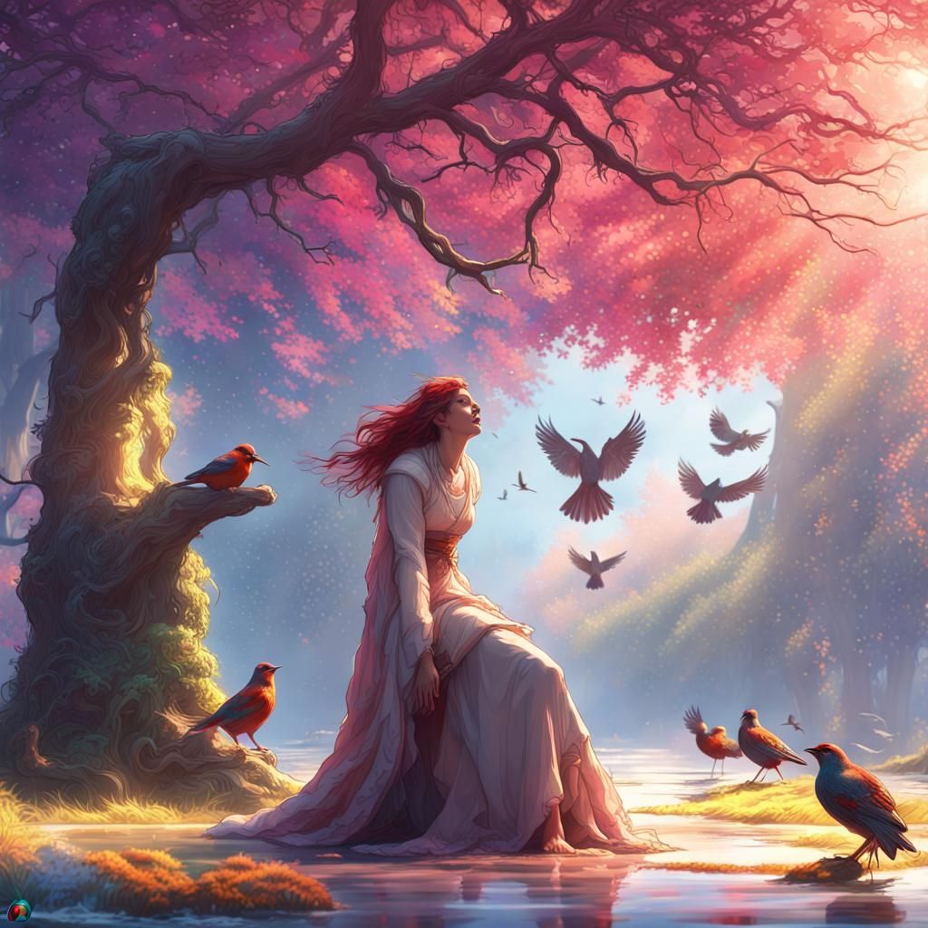 Colorful Birds Singing: A Dark Fantasy Art Piece