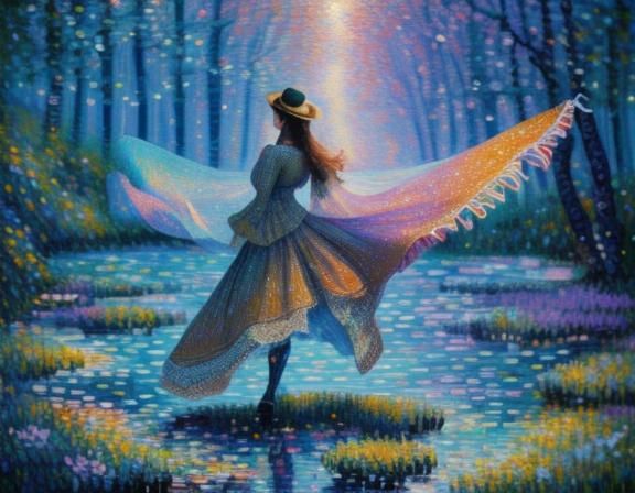 Pointillist Woman in Impressionist River Landscape