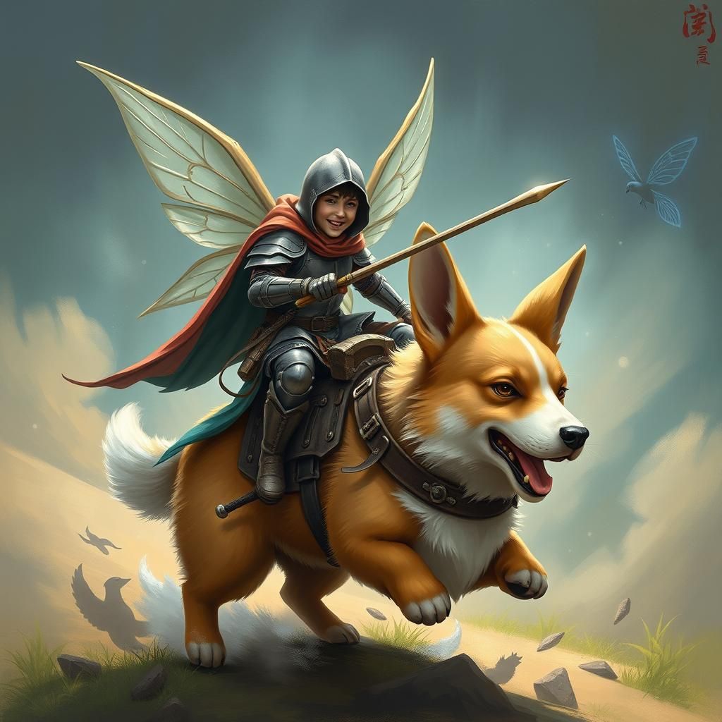 Fairy-Knight riding into battle on the back of a Corgi