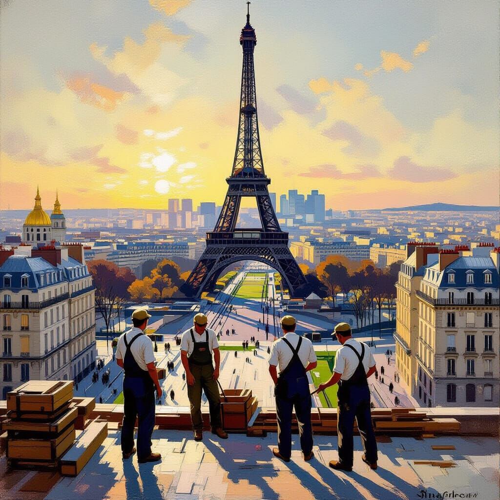 Eiffel Tower Construction in Impressionist Style