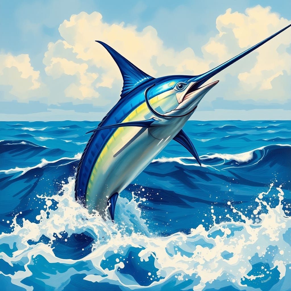 Majestic Blue Marlin Leaping Out of the Ocean in a Vibrant, ...