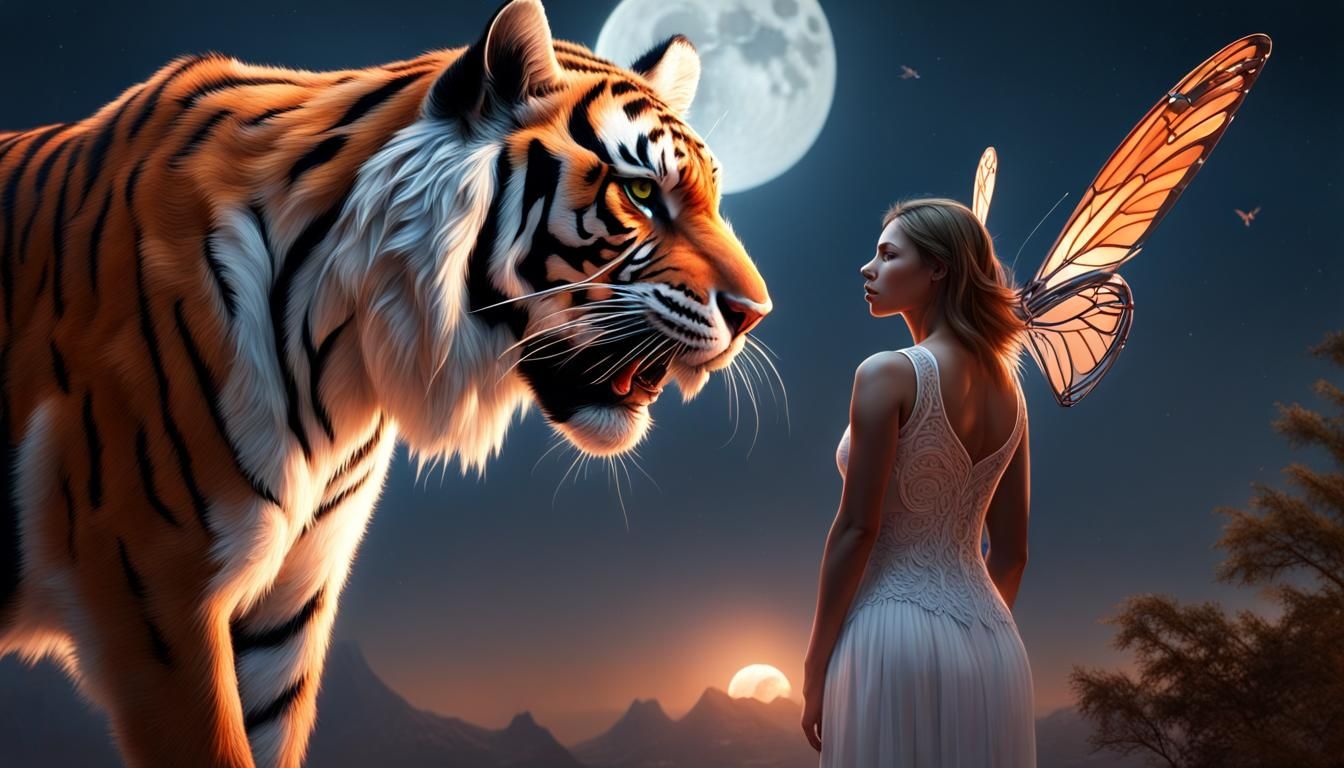 Radiant Angel Rides Tiger Under Moonlight