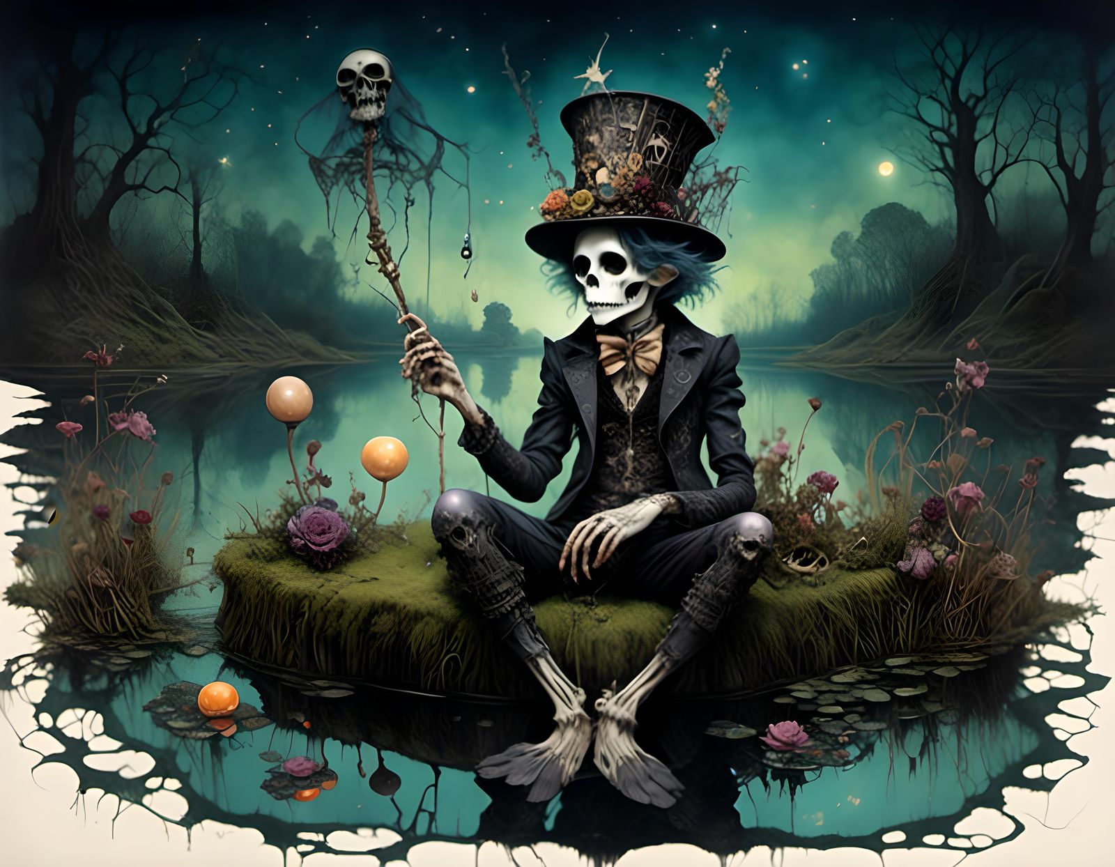 Ethereal Skeletal Boy Fishing for Stars