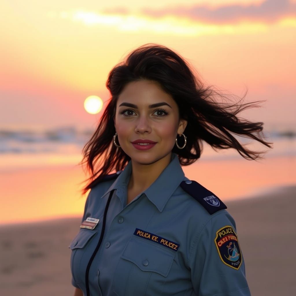 Police Officer on Beach in Retro-Futuristic Style