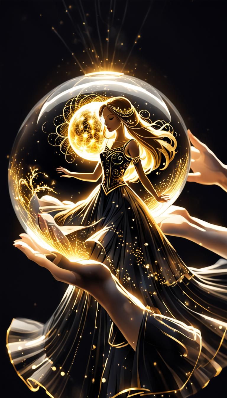 Woman Dancing in Magic Glass Ball with Gold Threads