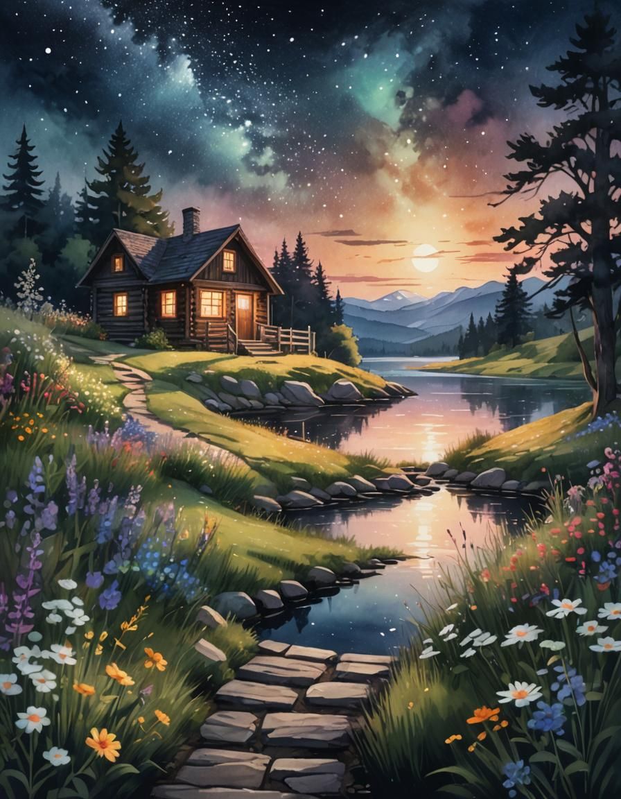 Moonlit Cabin by Lake in Watercolor Style