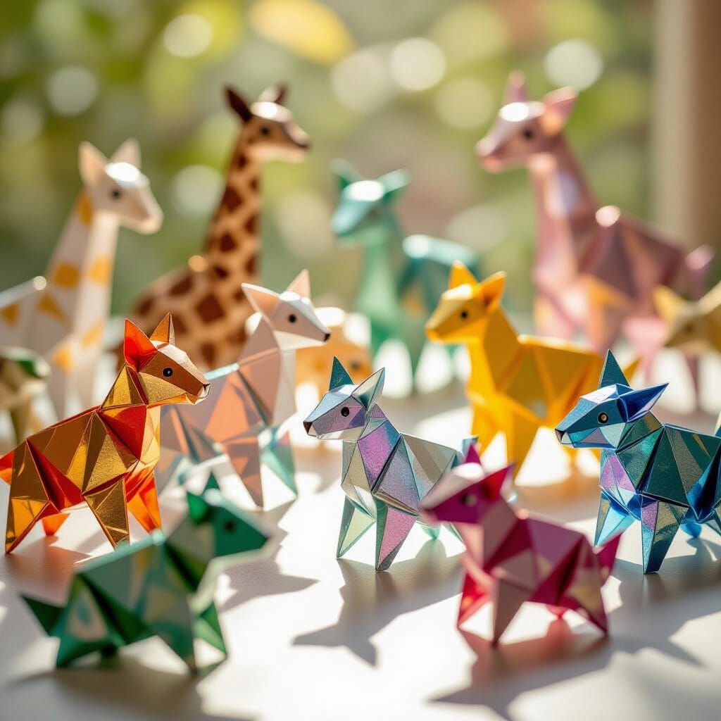 Hyperrealistic Foil Origami Animals in Soft Light