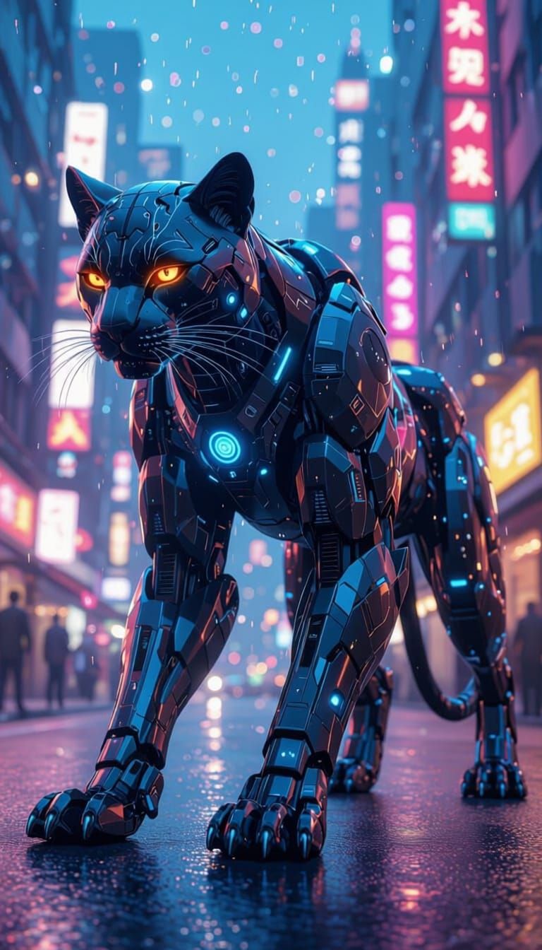 Robotic Panther in Neon Cityscape, 3D Anime Art