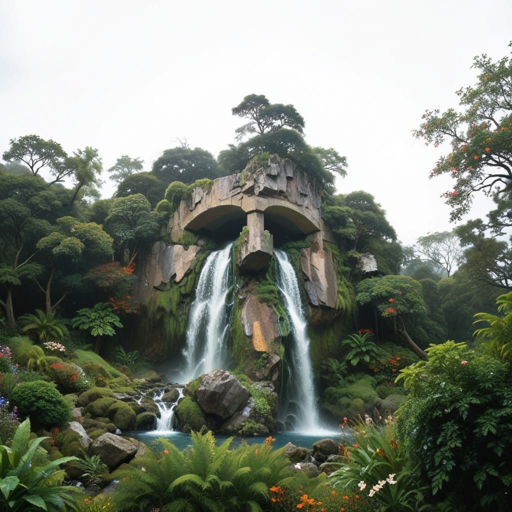 Vibrant Tropical Oasis with Iridescent Waterfall