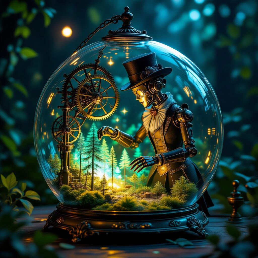 Steampunk Automaton in Bioluminescent Forest Terrarium