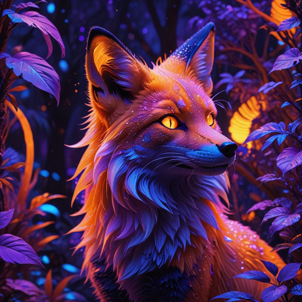 Vibrant Neon Kitsune Fox in Cosmic Jungle