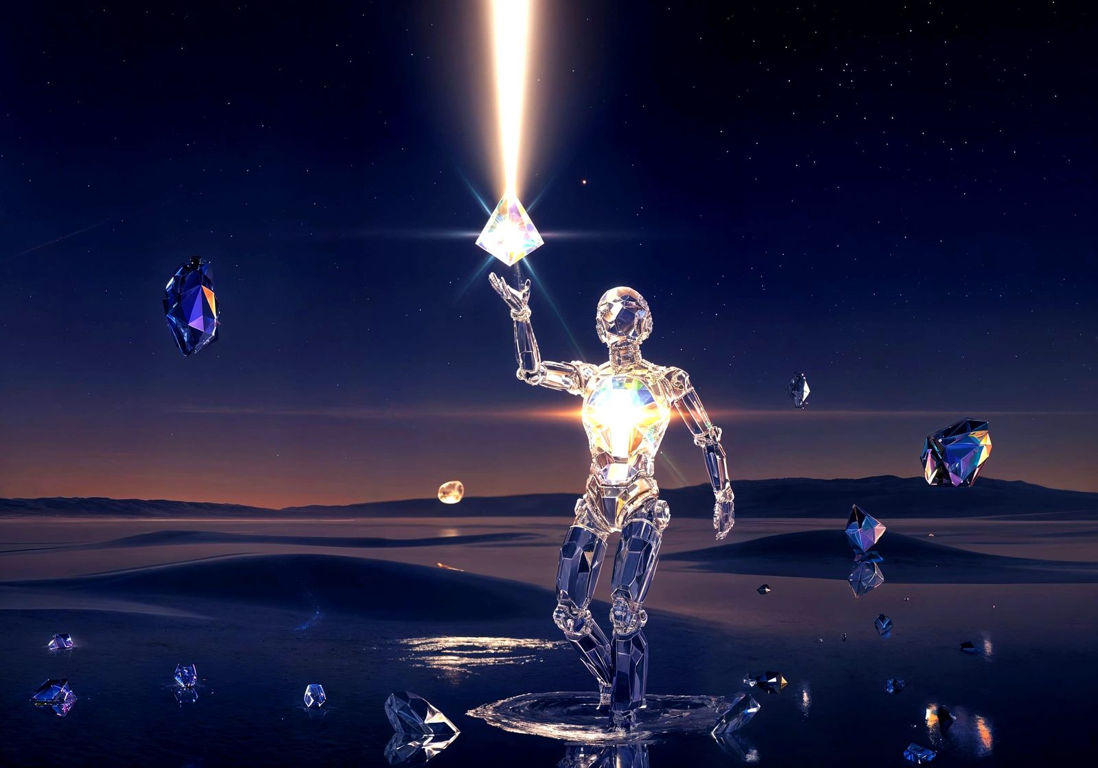 Prism Robot Under Indigo Sky