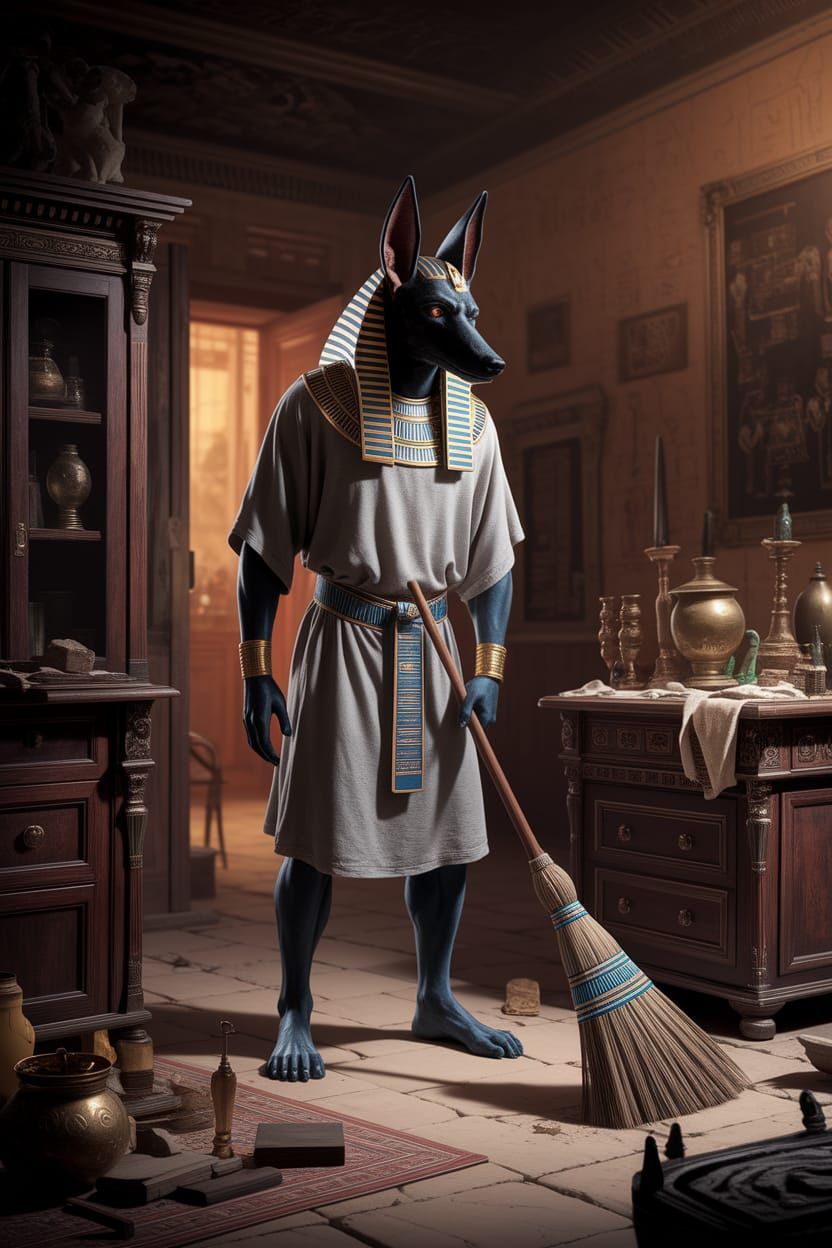 Anubis Reluctantly Sweeps an Ancient Dusty Room