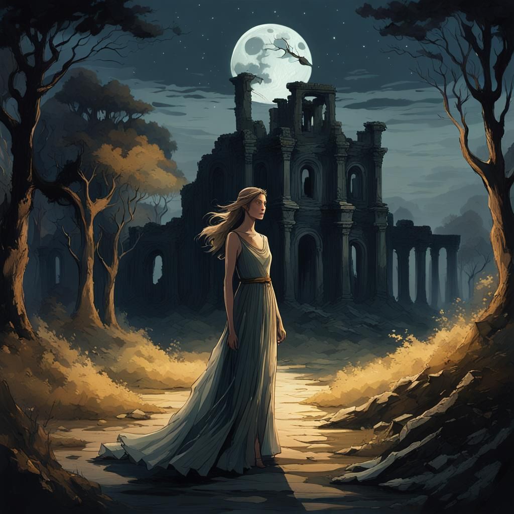Moonlit Woman Wandering Through Eerie Ruins