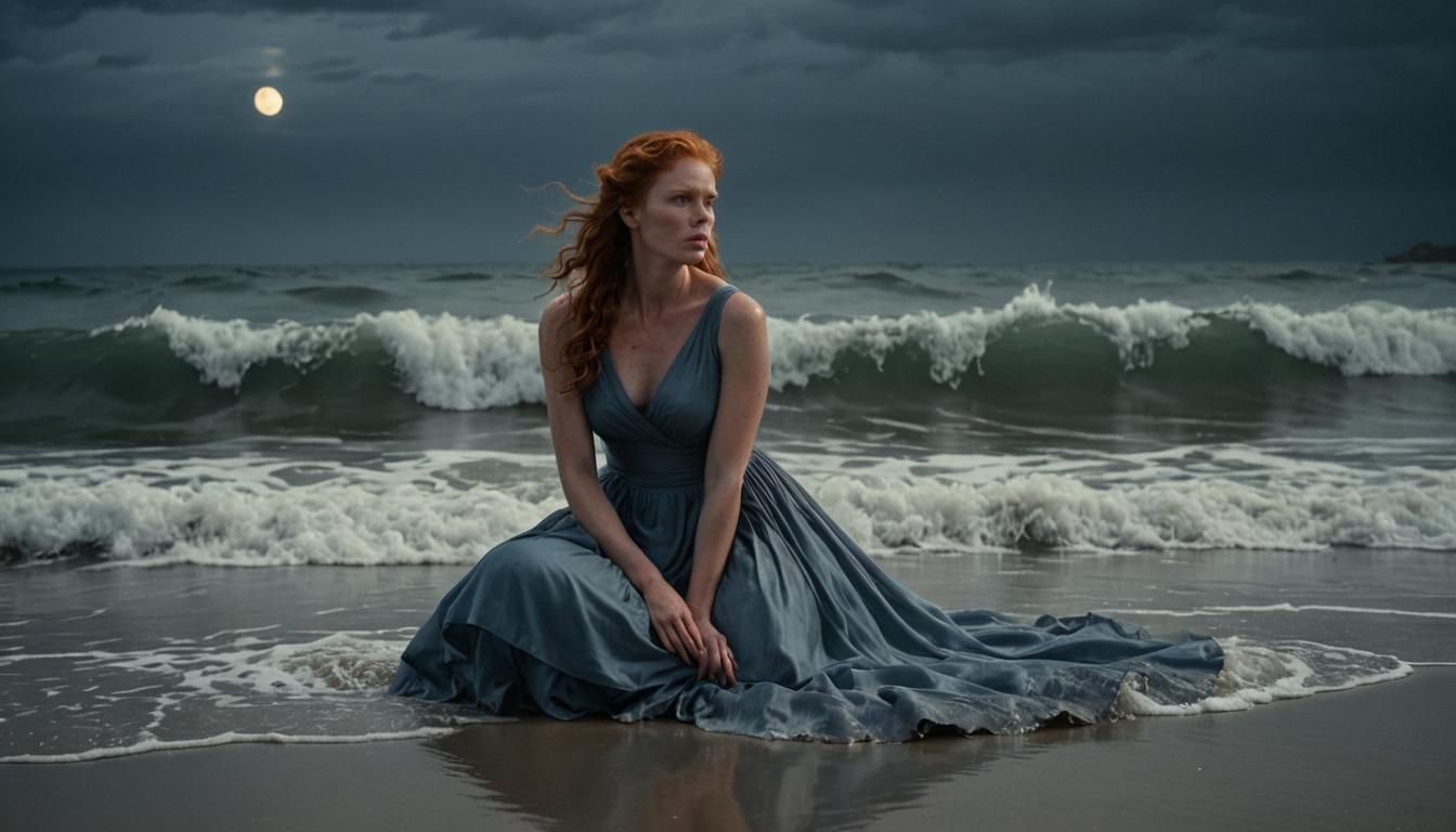 Stormy Seascape with Woman in Azure Dress