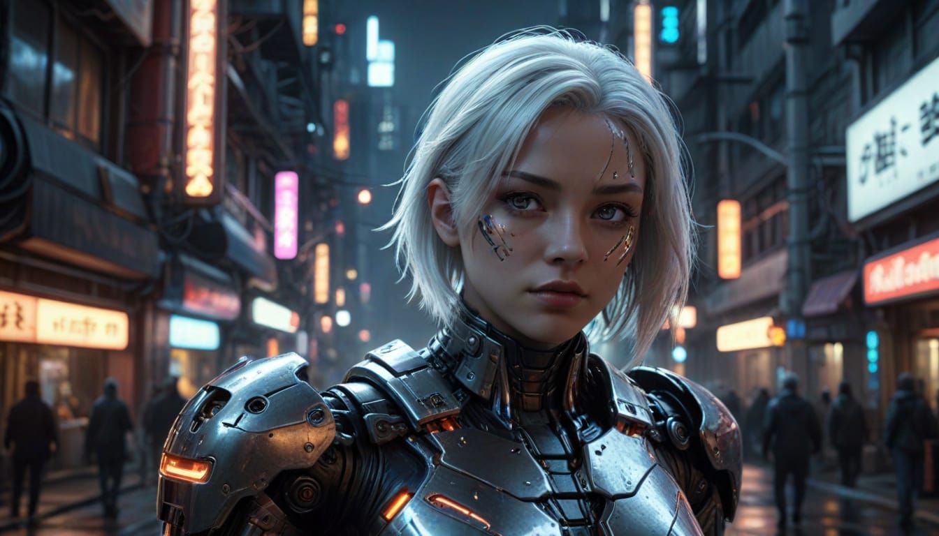Cyberpunk Android with Neon City Background