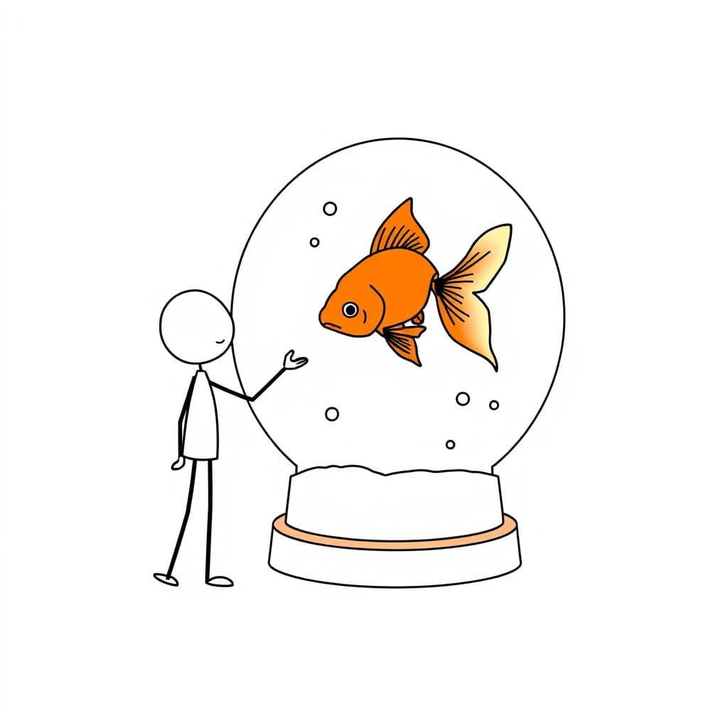 Minimalist line art. A stick figure tries to explain quantum physics to a goldfish in a snow globe. Clean lines, minimal...