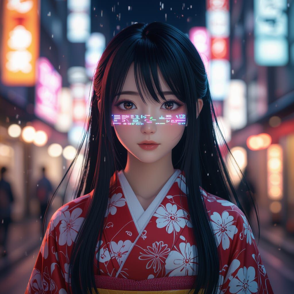Futuristic Kimono Girl in Neon Tokyo: Photorealistic Style