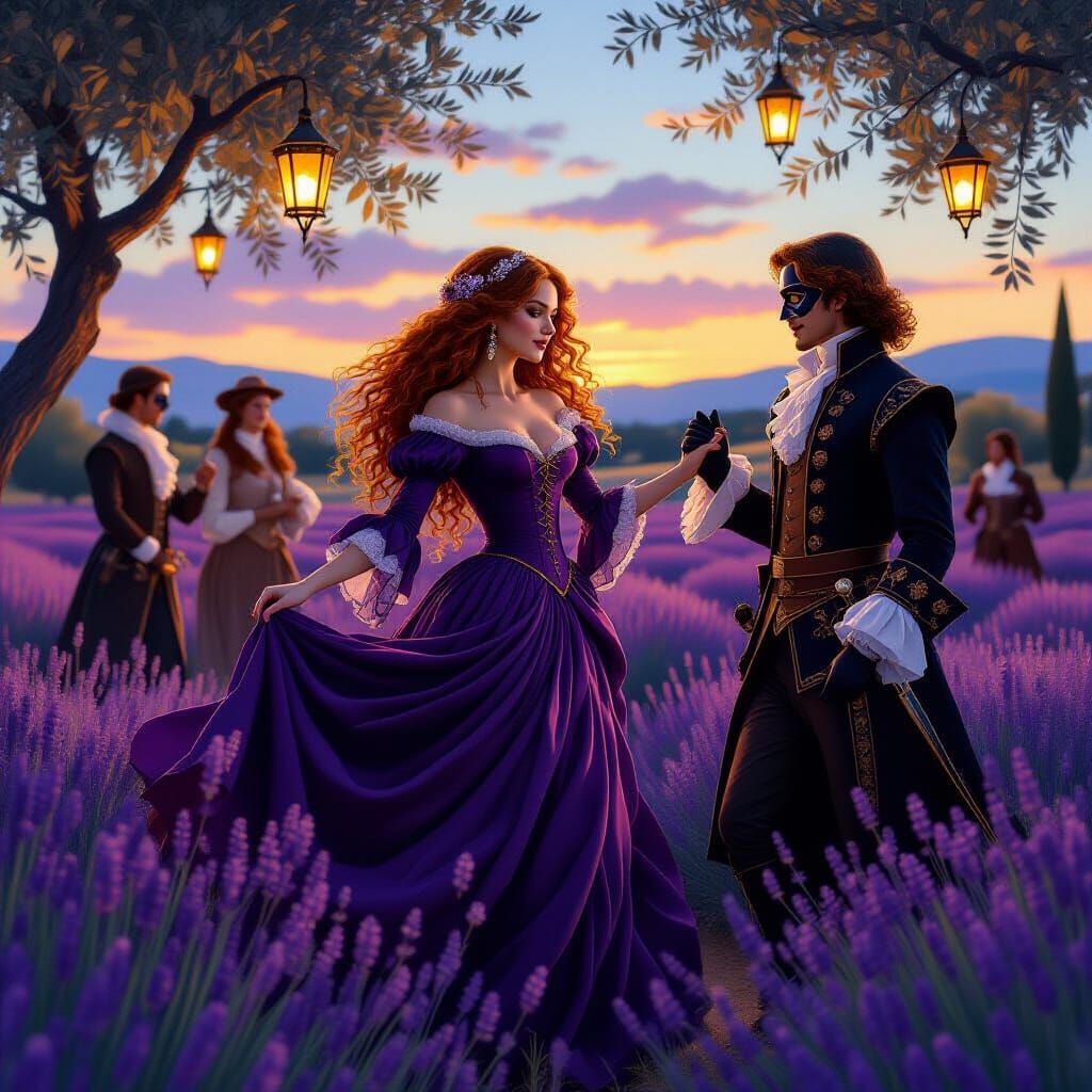 Masquerade Ball in Lavender Field, Alphonse Mucha Style
