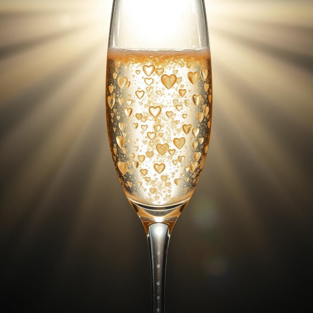 Champagne Flute with Heart Bubbles in Radiant Light