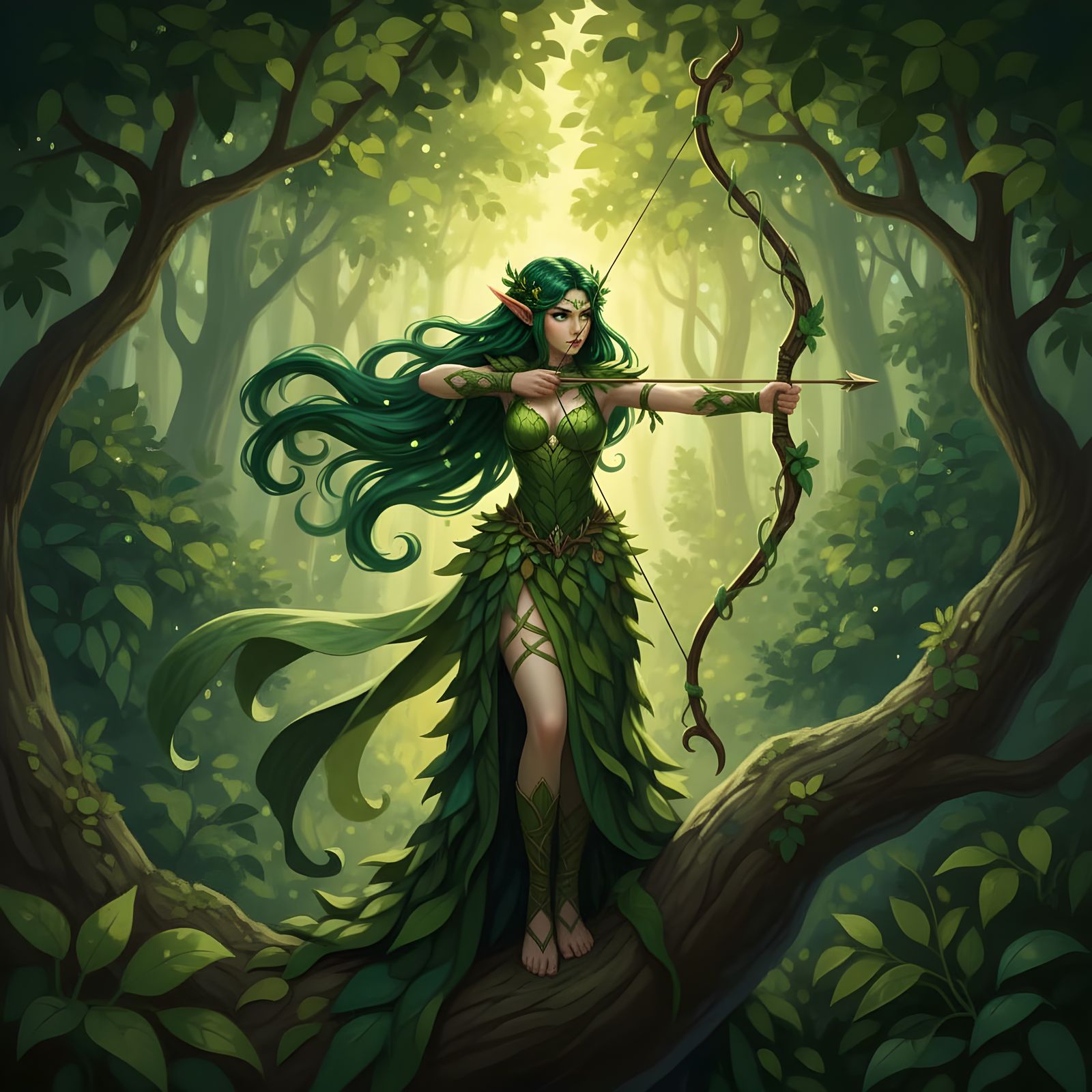 Elf Archer on Tree Branch with Leafy Clothes