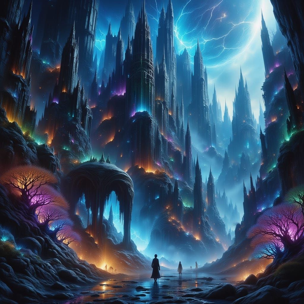 Ancient Hidden City with Glowing Runes, Epic Fantasy Art