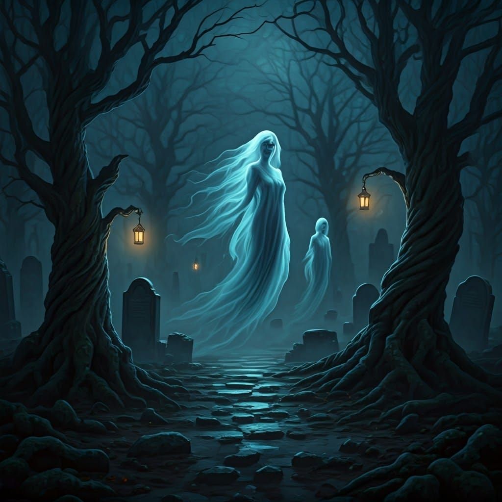 Ethereal Spirits in a Moonlit Graveyard