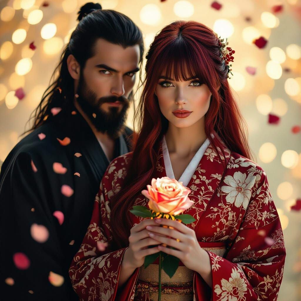 Ethereal Portrait of Couple with Rose in Dreamy Setting