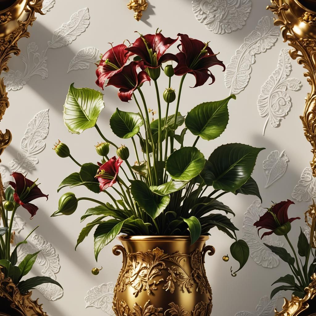 Venus Fly Trap flowers in a golden vase, centered on a white...