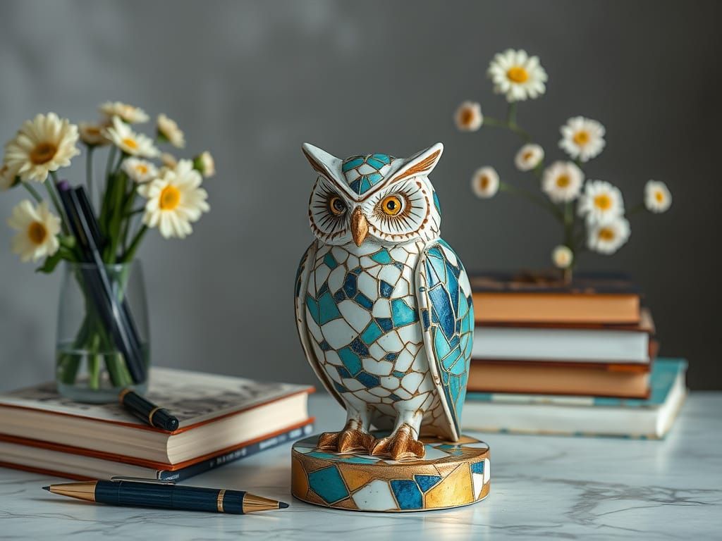 Kintsugi Owl Statue with Gold Leaf Detail