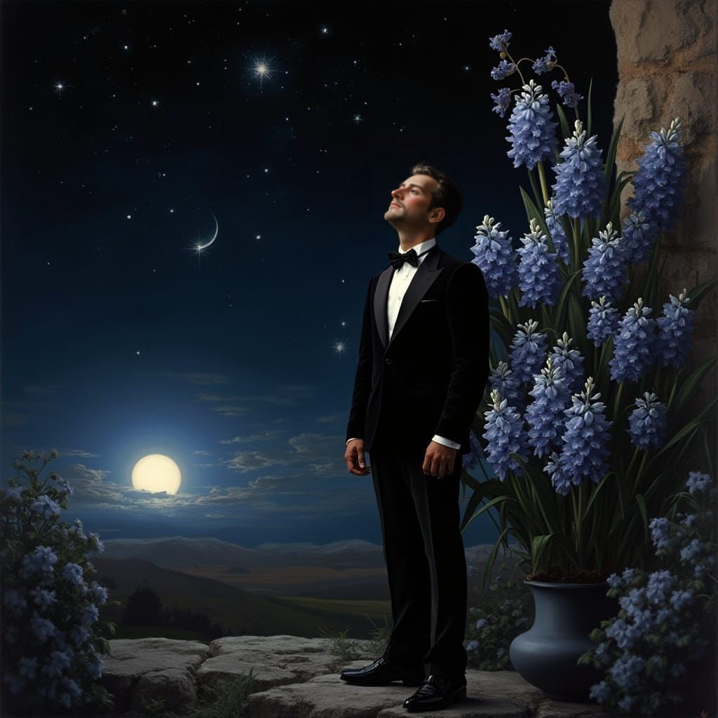 A Man Under Starry Skies in Neo-Impressionist Style