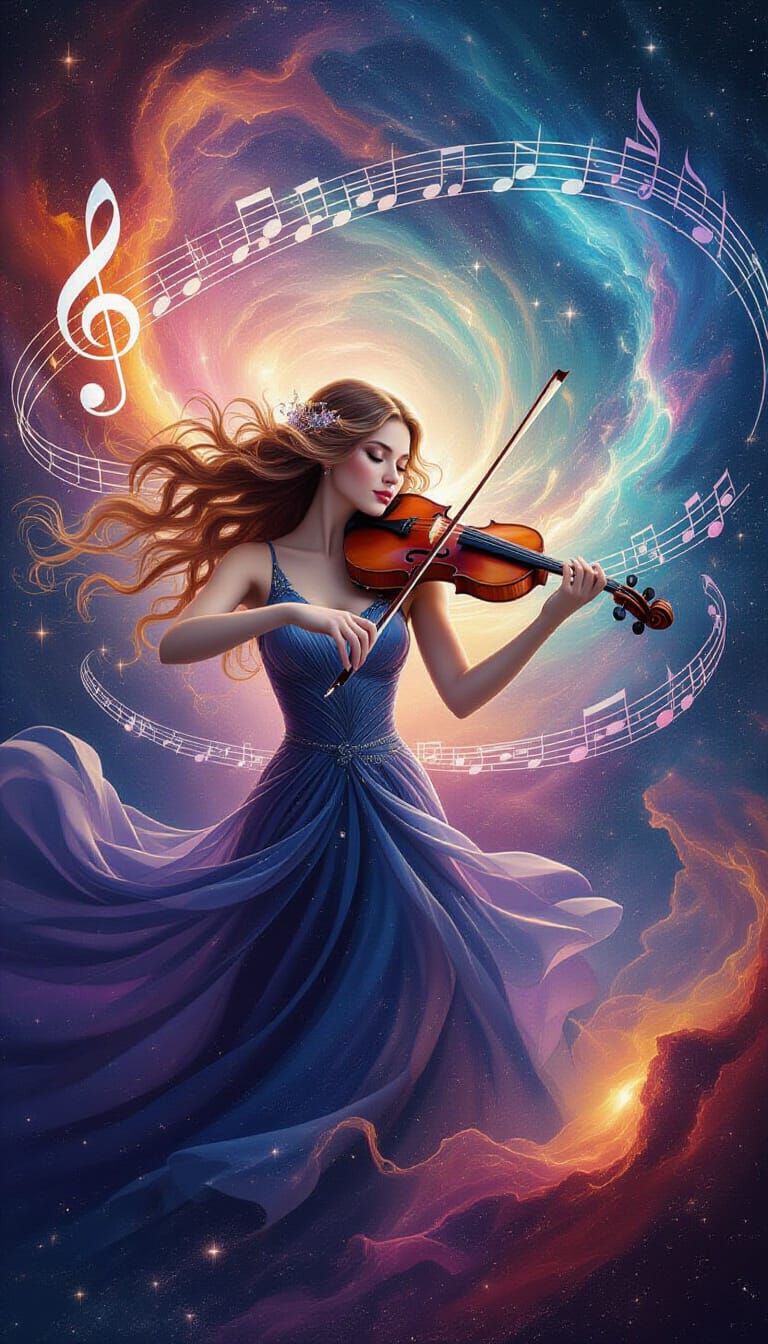 Woman Playing Violin in Cosmic Galaxy
