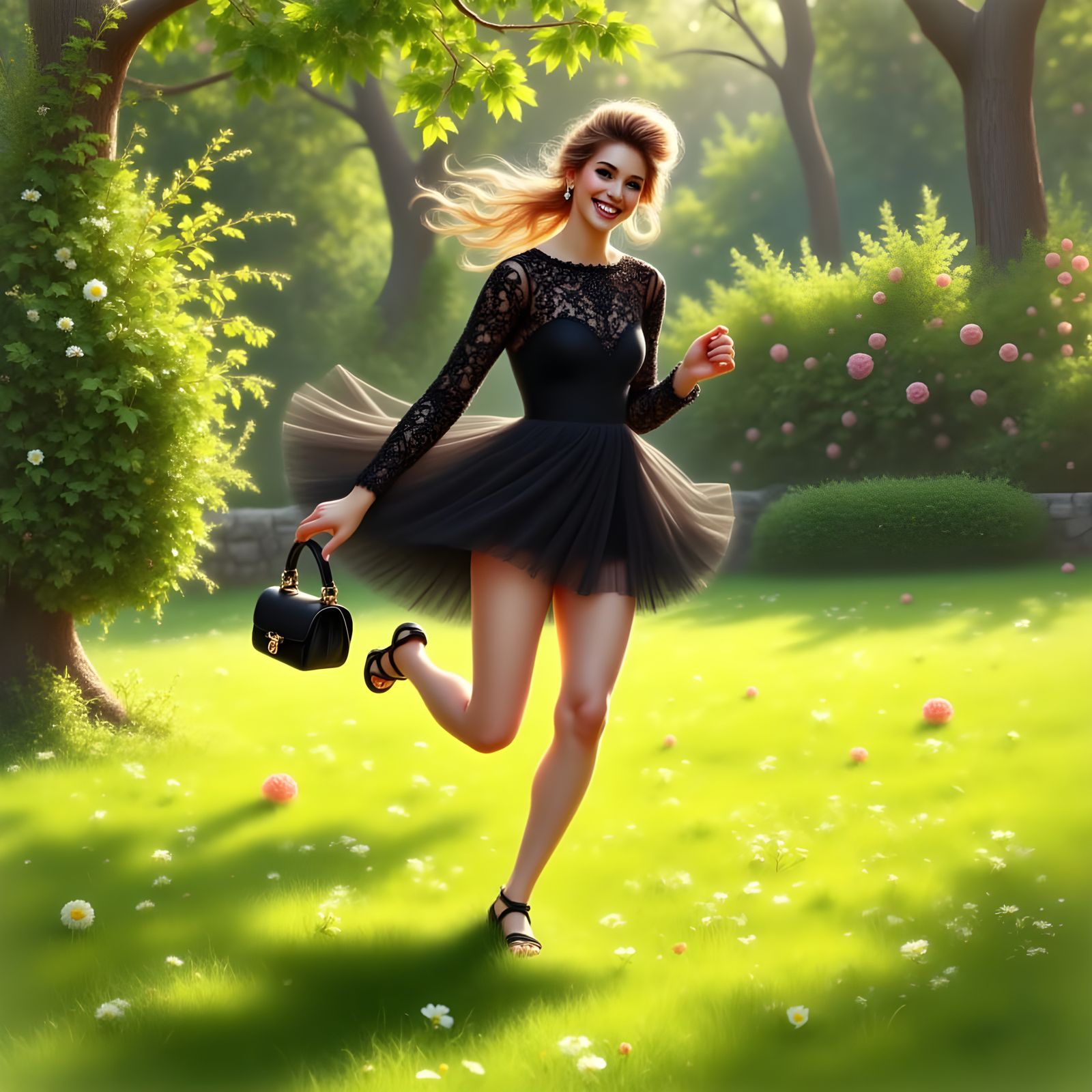 Joyful Woman Running in Sunny Garden