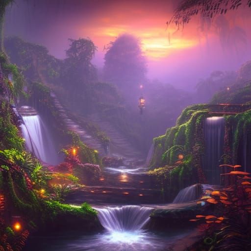 Steampunk Jungle Waterfalls at Sunset in Detailed Matte Pain...