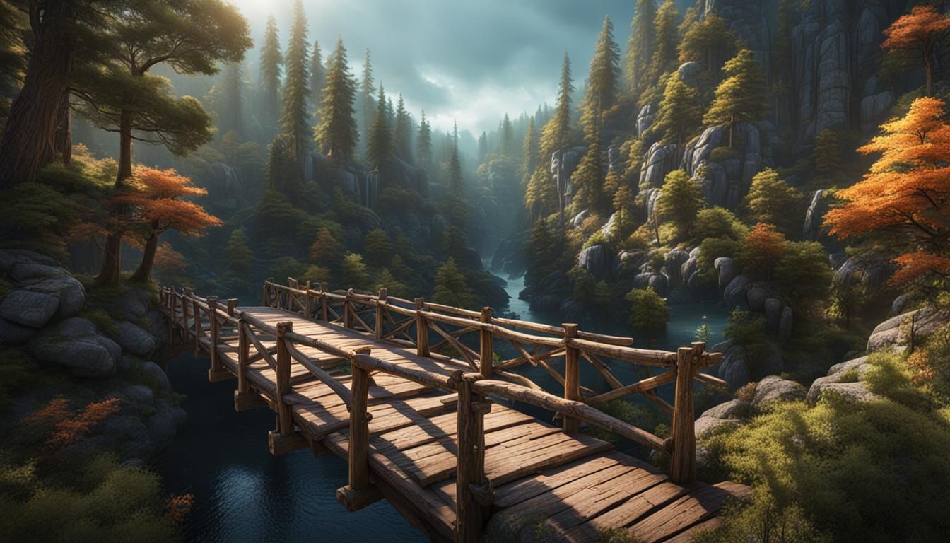 Rustic Bridge Over Pine Gorge: Matte Painting