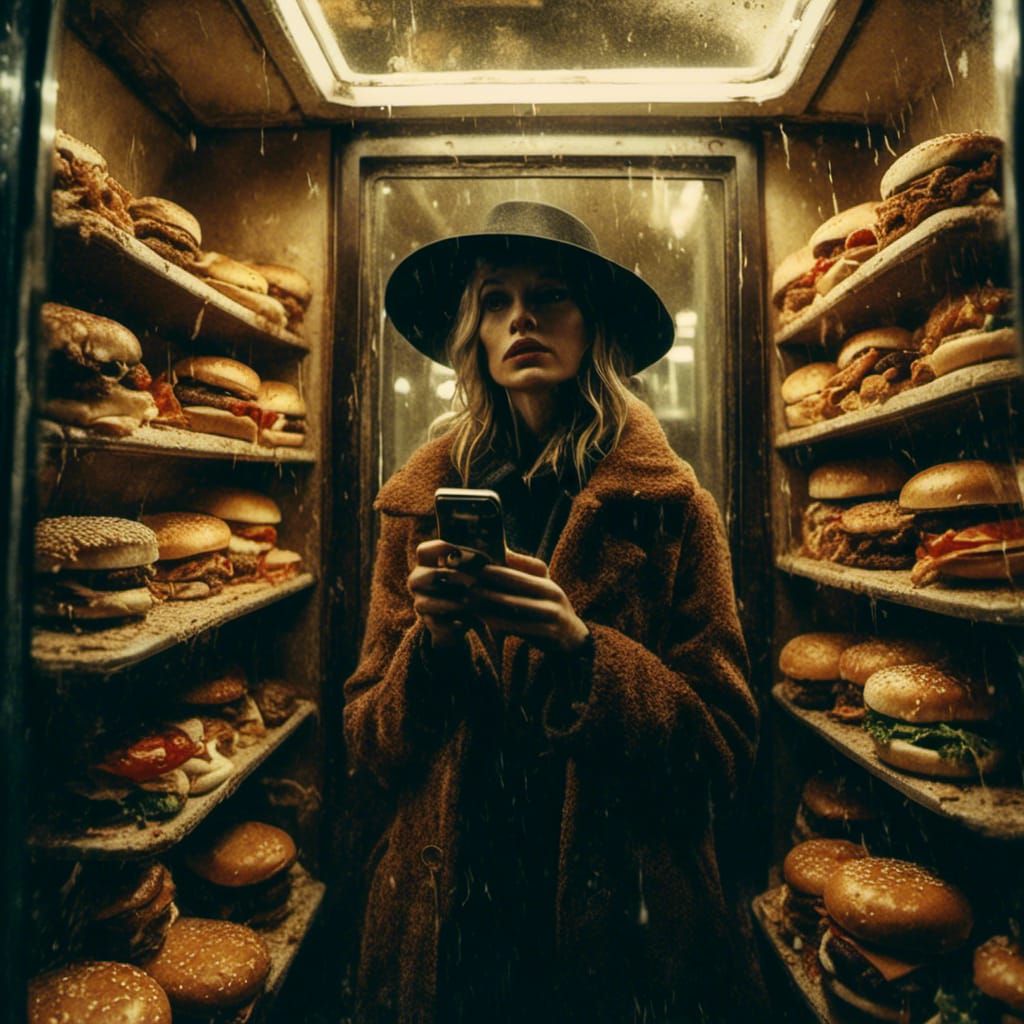 Surreal Woman in Phone Booth with Cheeseburgers