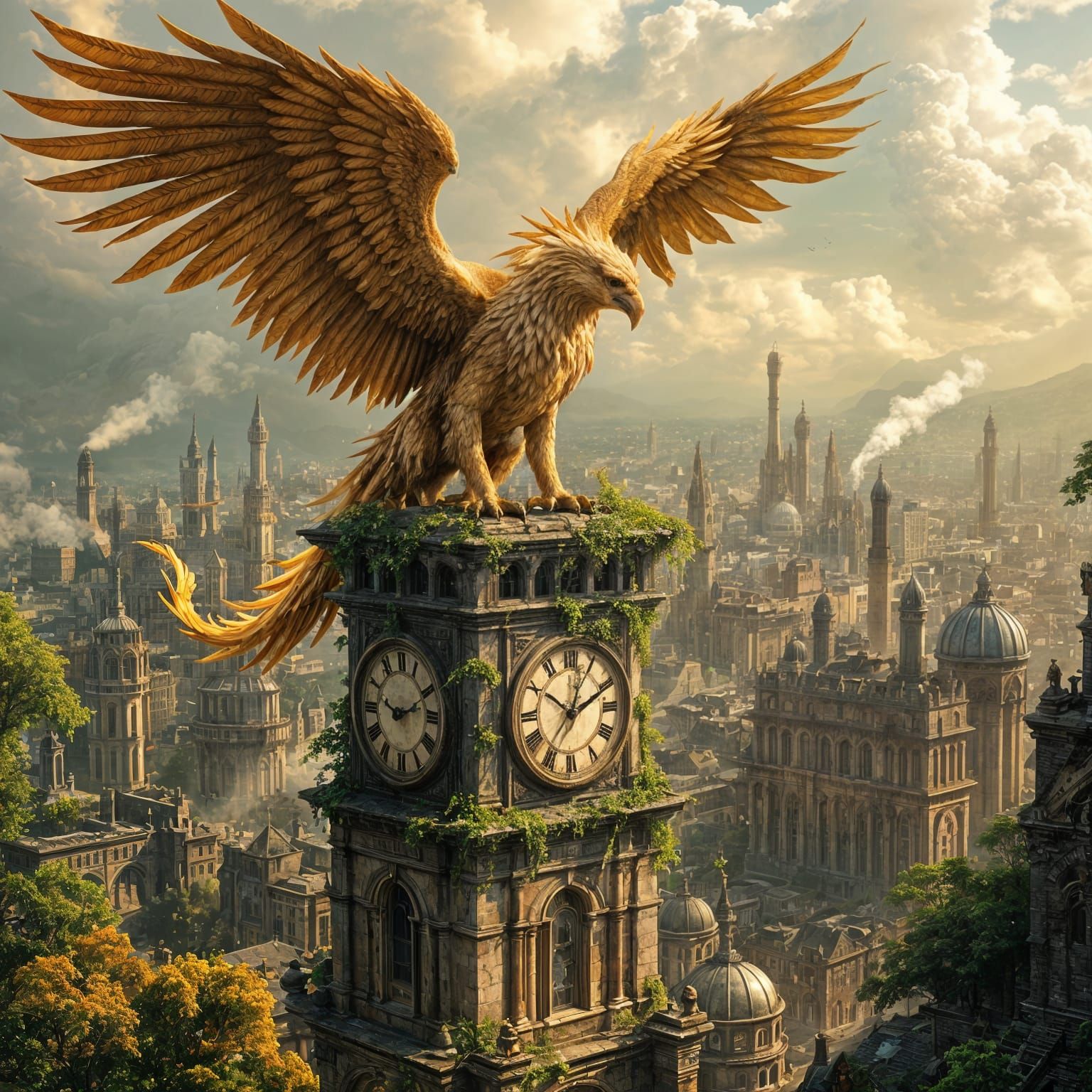 Griffin Perched on Clock Tower with Steampunk Engine