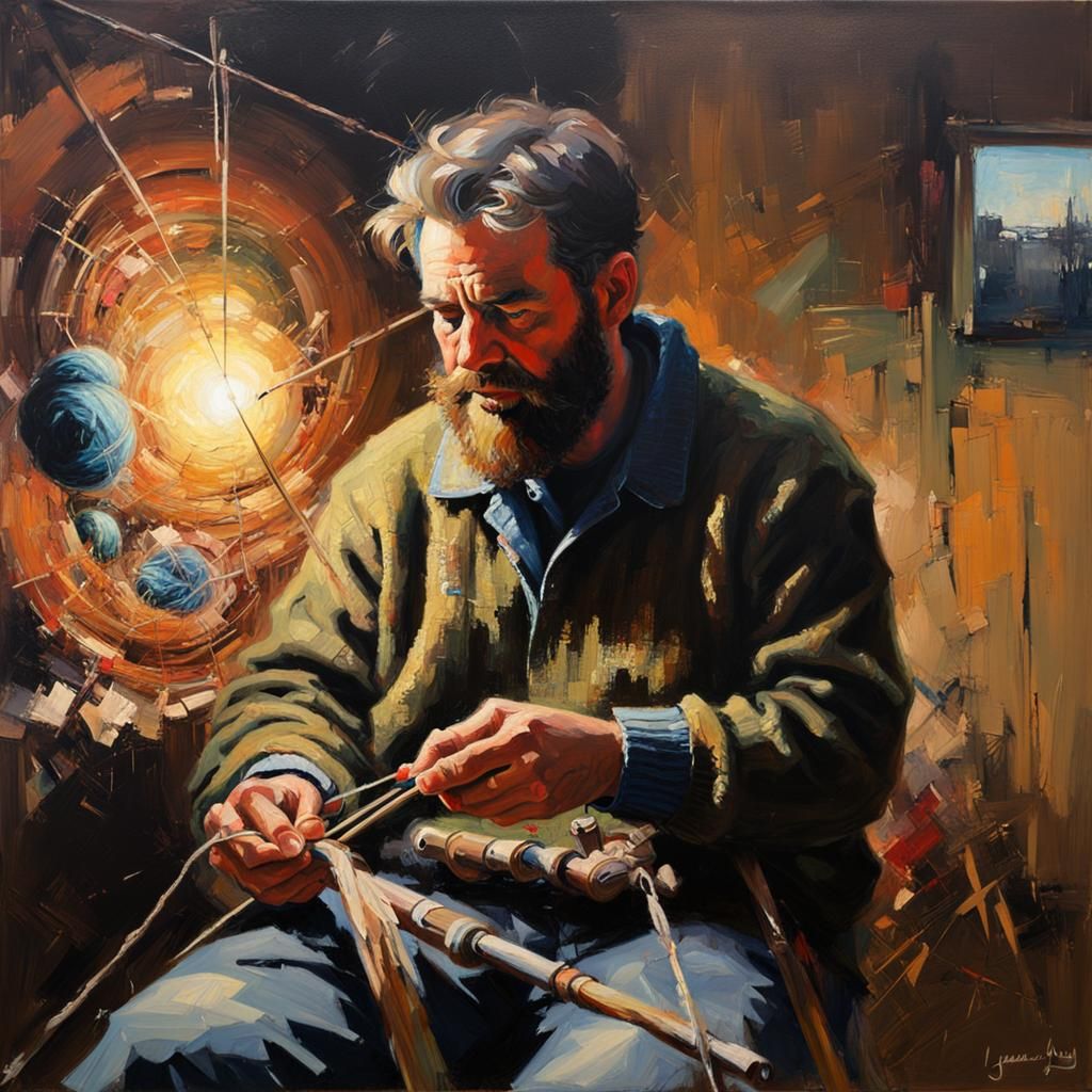 Bearded Man Knitting: Oil Painting in Dramatic Light