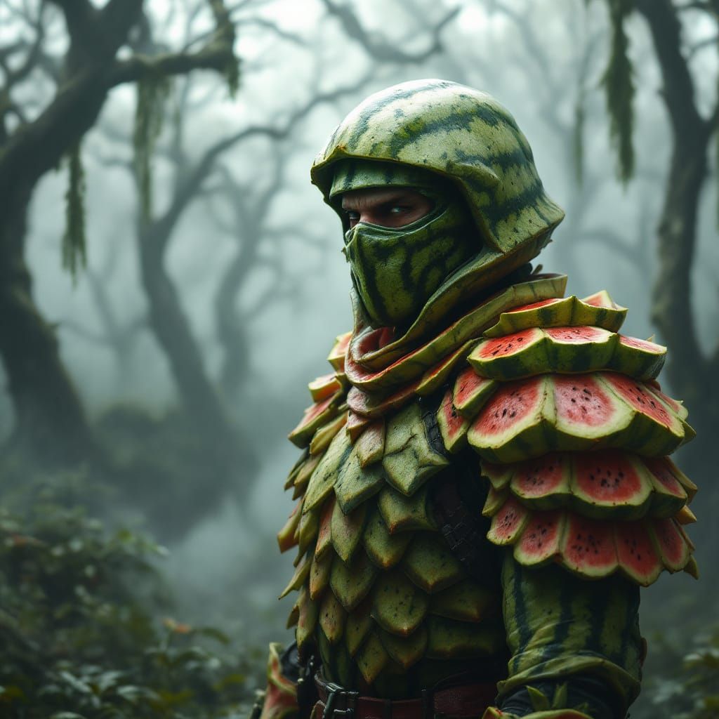 Hyperrealistic Watermelon Soldier in Misty Swamp