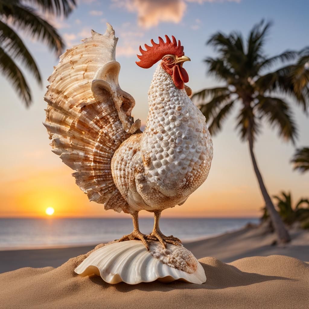 Seashell Rooster Sculpture at Sunset, 8K Resolution