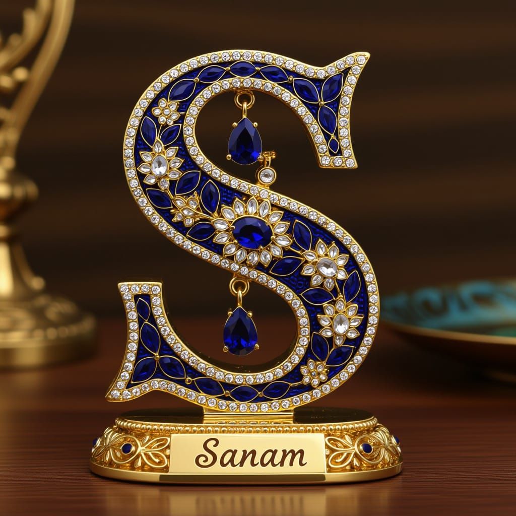Ornate Crystal-Studded Letter S Art Piece on Gold Base
