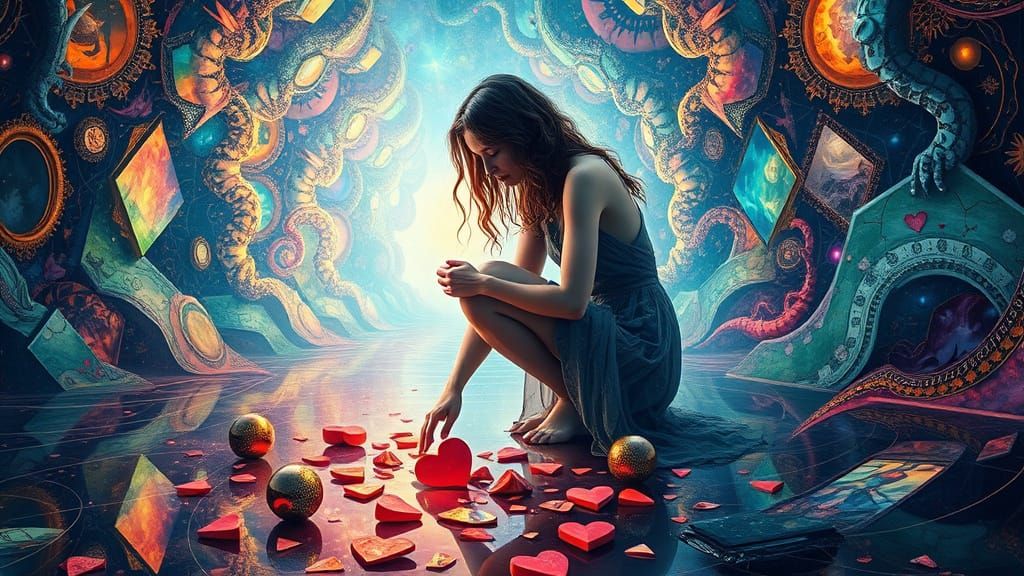 Surreal Woman in a Dreamlike Labyrinth of Clashing Colors an...