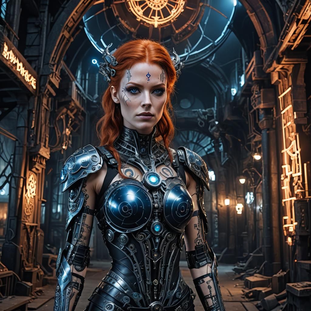 Redhead Cybernetic Witch in Occult Ruins