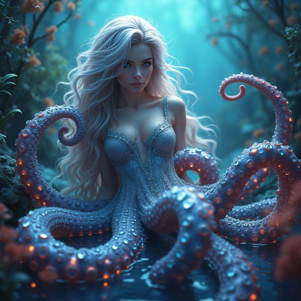 Enchanting Mermaid Octopus Woman Emerge from Mystic Aquatic...