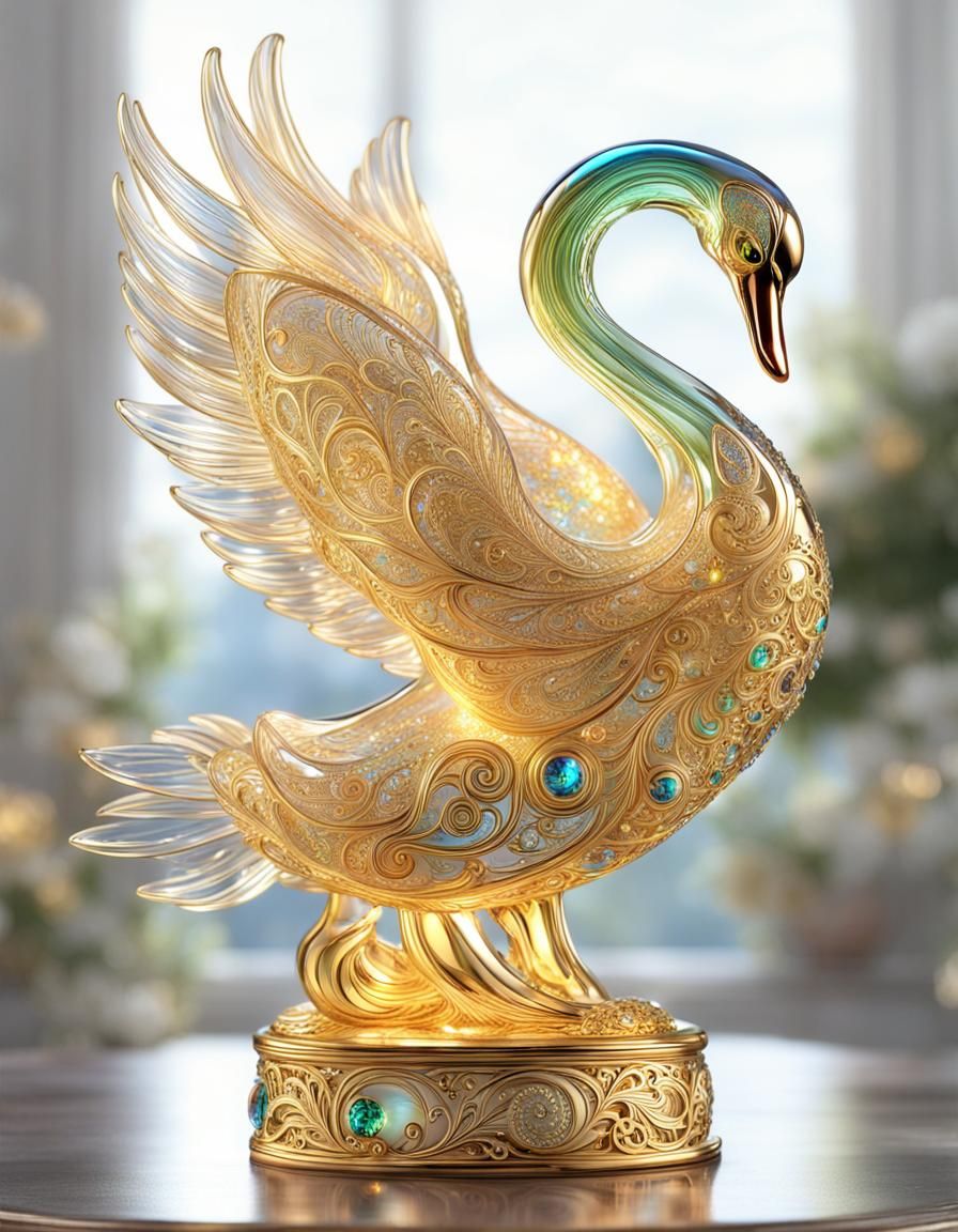 Ethereal Glass Swan Statue with Golden Filigree