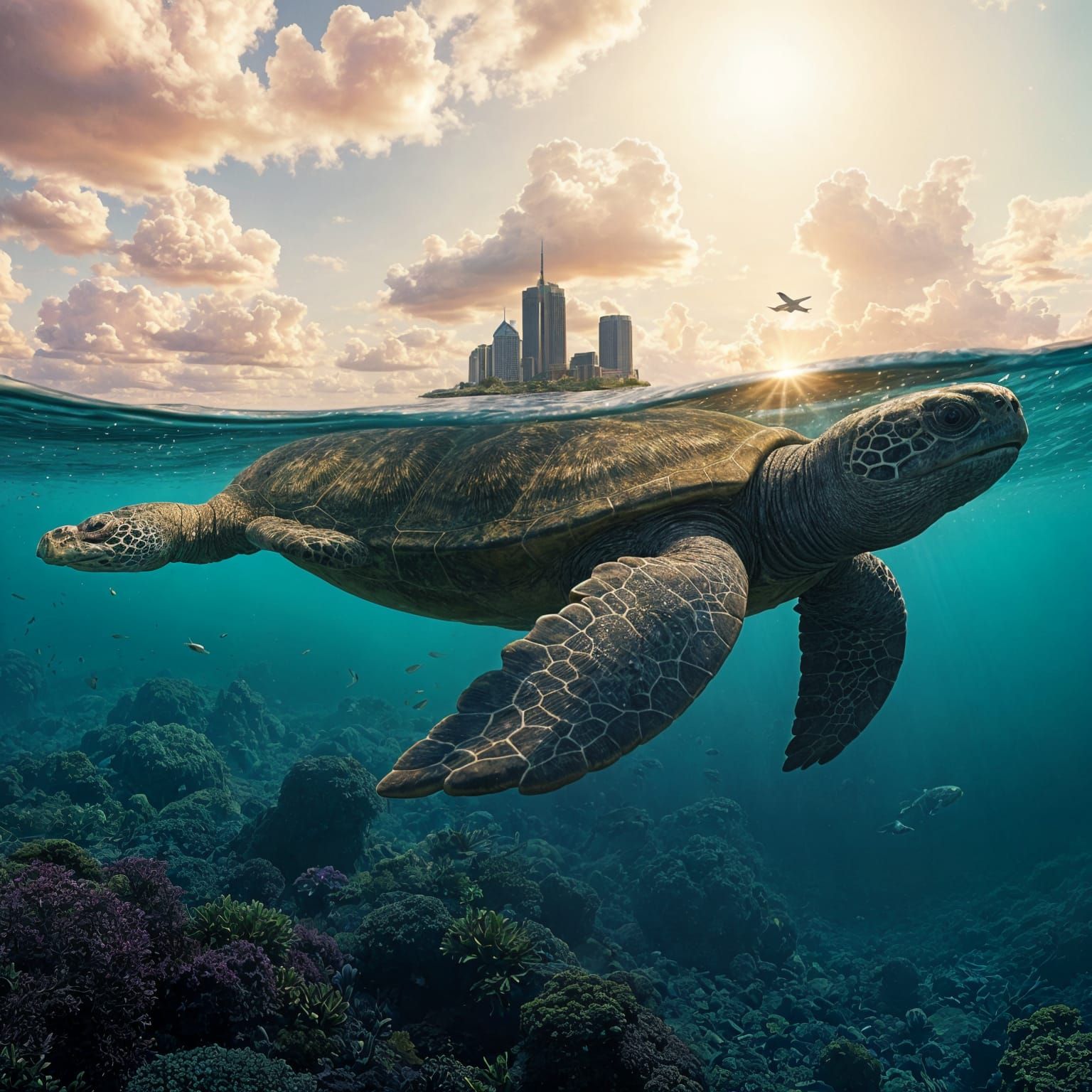 Surreal Turtle City Underwater Scene in Unreal Engine Style