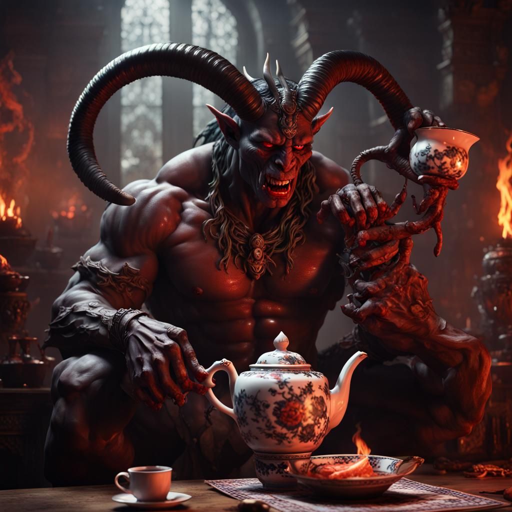 Sophisticated Demon Sipping Tea: Dark Fantasy Concept Art